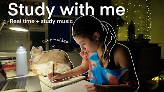 Real Time Study with me w/ study music + my cat
