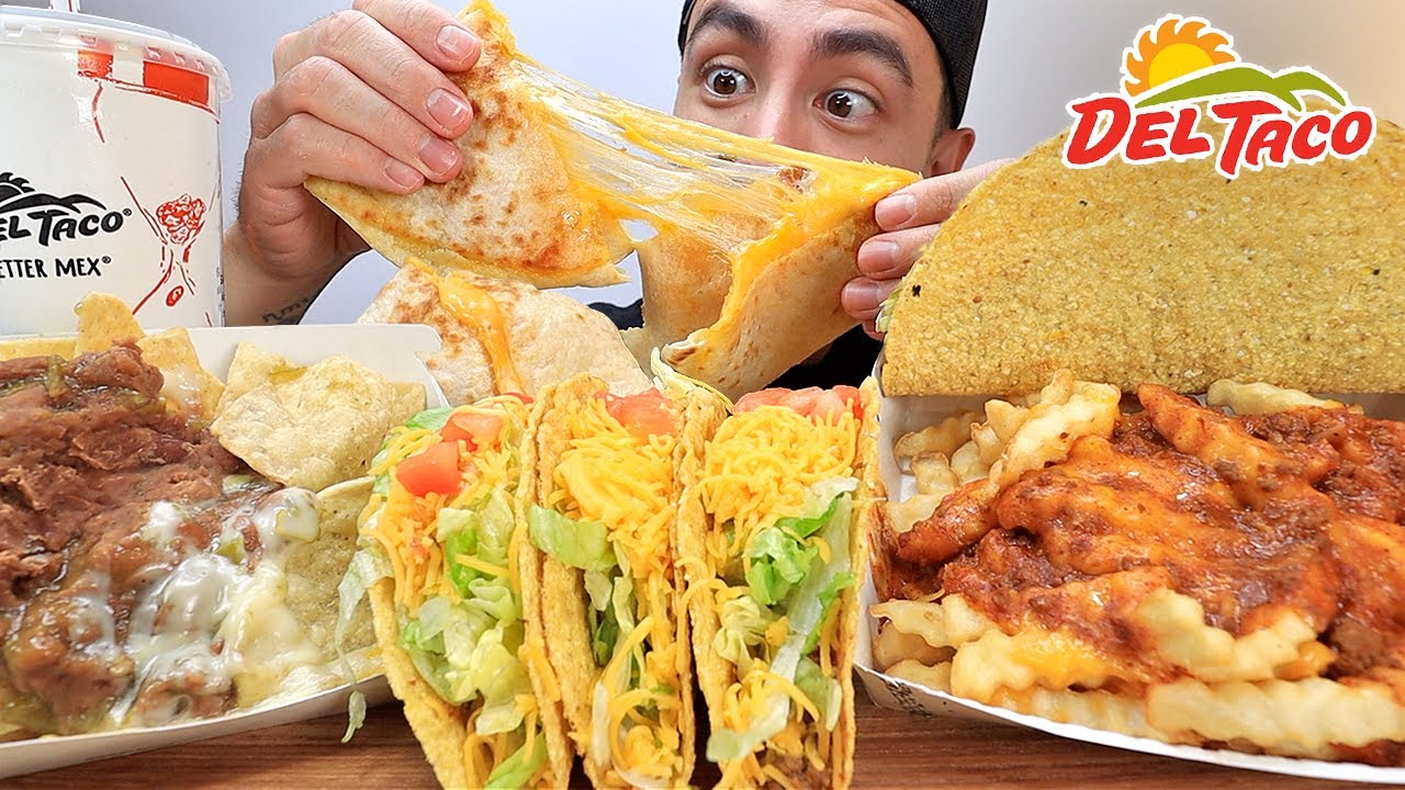MUKBANG DEL TACO CHILLI CHEESE FRIES CRISPY TACOS QUESO NACHOS ASMR