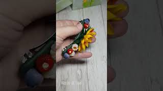 Barrette with sunflower,  berries and lady bug. Handmade jewelry with flowers and berries.