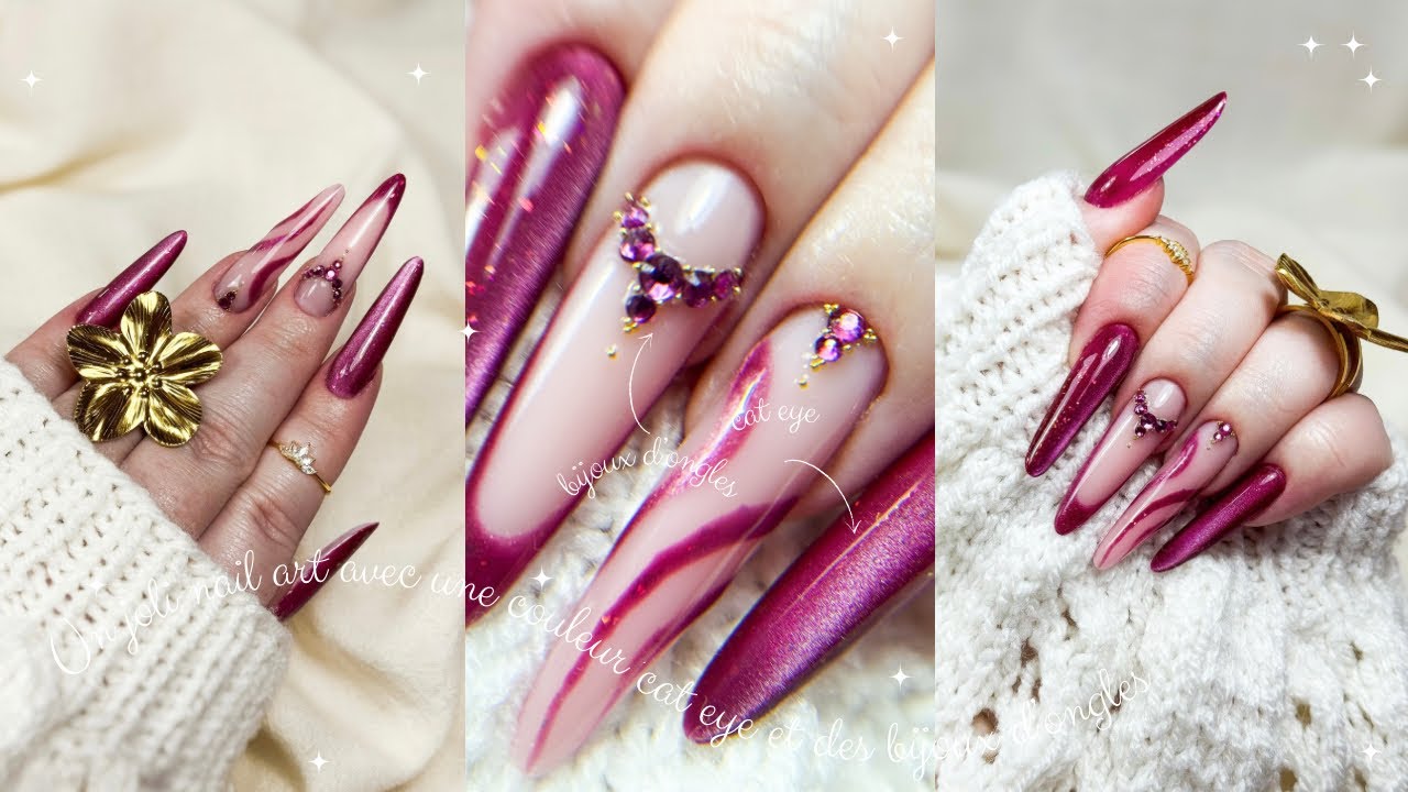 Un joli nail art avec une couleur cat eye et des bijoux d’ongles 