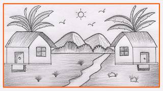 Easy and Beautiful Village Nature Scenery with Pencil / Nature  Scenery Drawing / Vilaage Nature