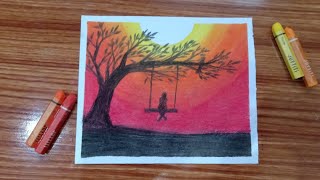 Drawing swinging girl | Drawing easy with Oil Pastels | Drawing for beginners