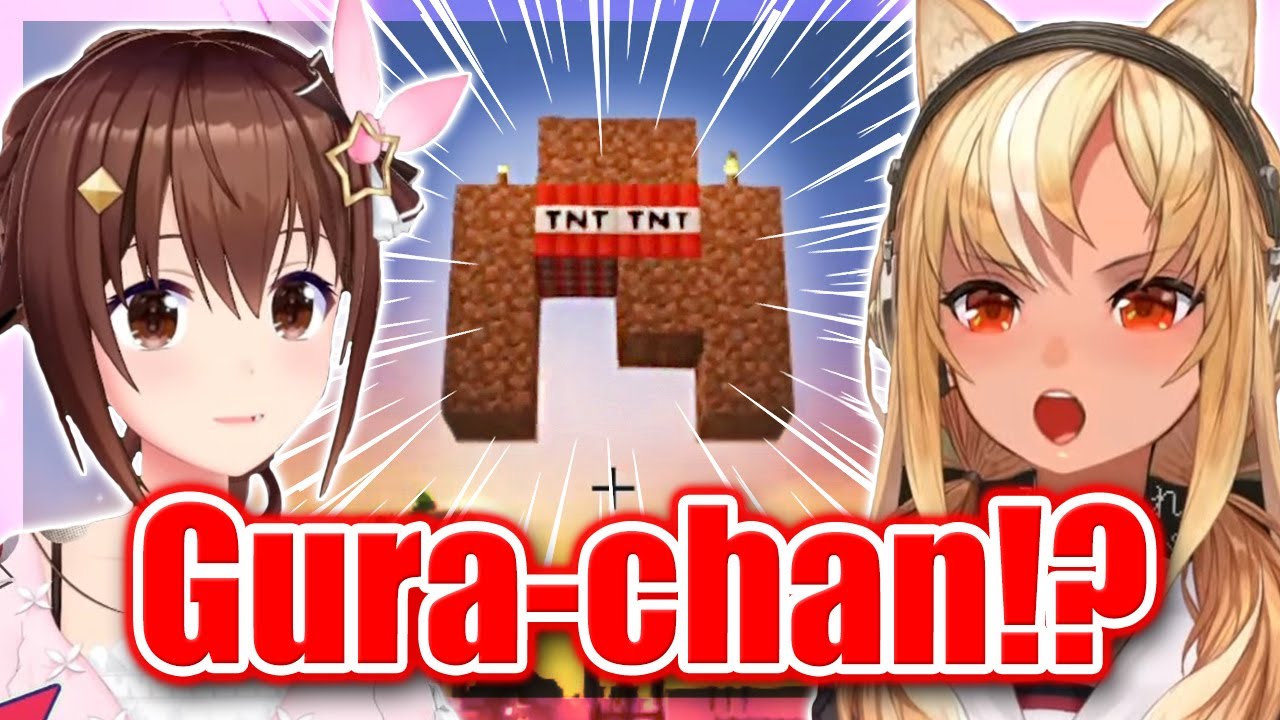 Flare & Sora React To Gura's Random TNT Monument On Holoserver - Minecraft 【ENG Sub Hololive】
