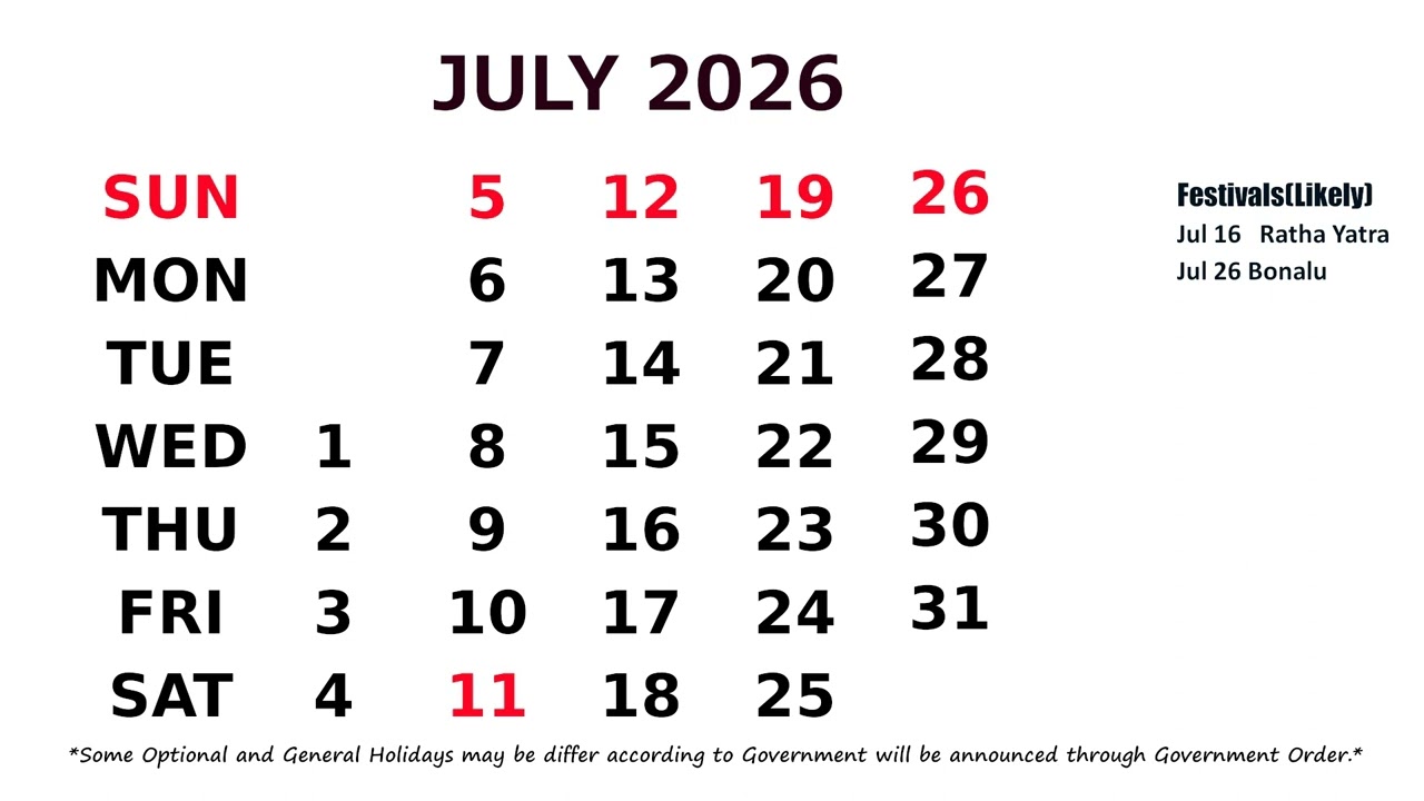 July Calendar 2026