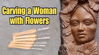 FULL WOOD CARVING: Carving A FEMALE FACE with Flowers in 2 Hours by Lucas Kost