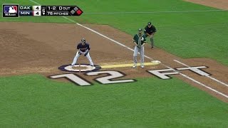 OAK@MIN: Statcast shows Dozier leading off first base