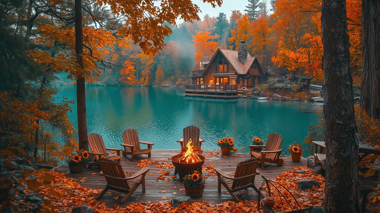 Cozy Lakeside Cabin in fall Autumn | Crackling Campfire, Calm Lake ...