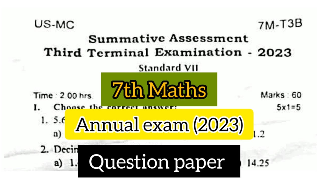 7th Maths Annual exam question paper 2023 || 7th std annual exam 2023 ...