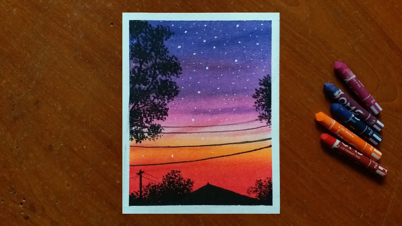 Beautiful scenery drawing with oil pastels Landscape scenery oil