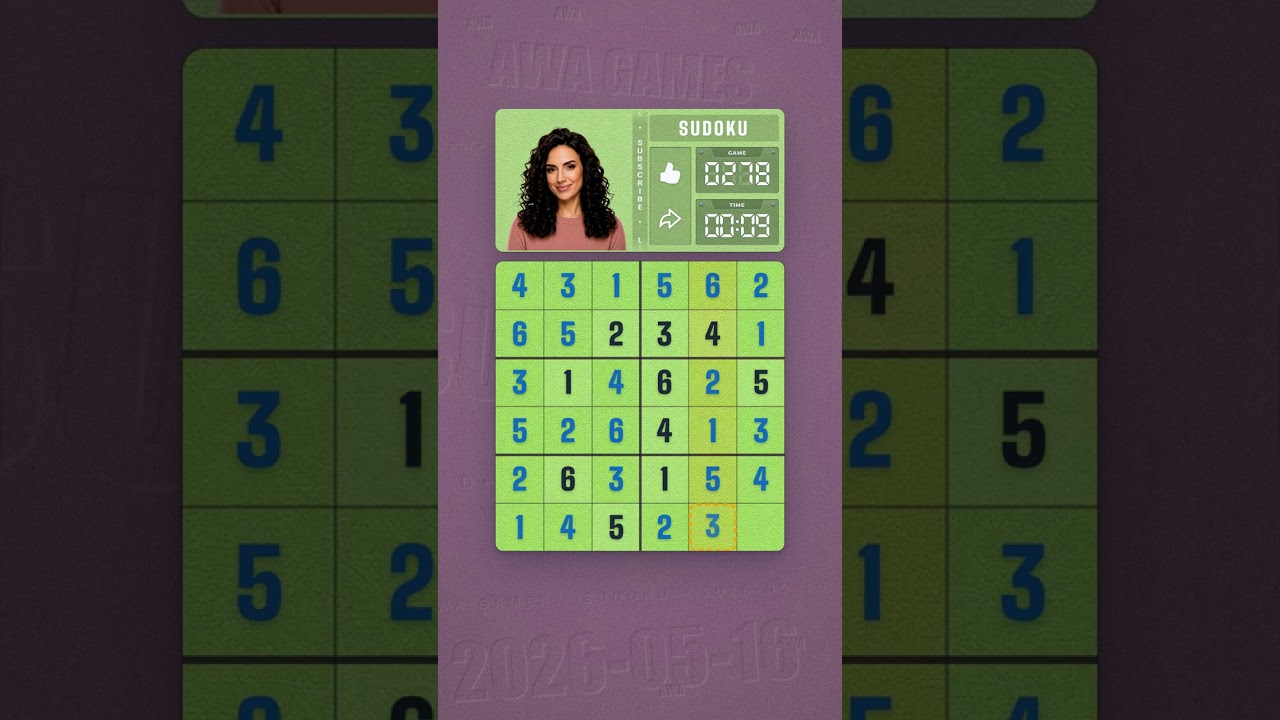 LinkedIn Mini Sudoku #278 solved board for May 16, 2026, 6x6 grid