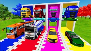 TRANSPORTING POLICE CAR,MIXER TRUCK,MERCEDES BUS WITH COLORFUL TRUCK