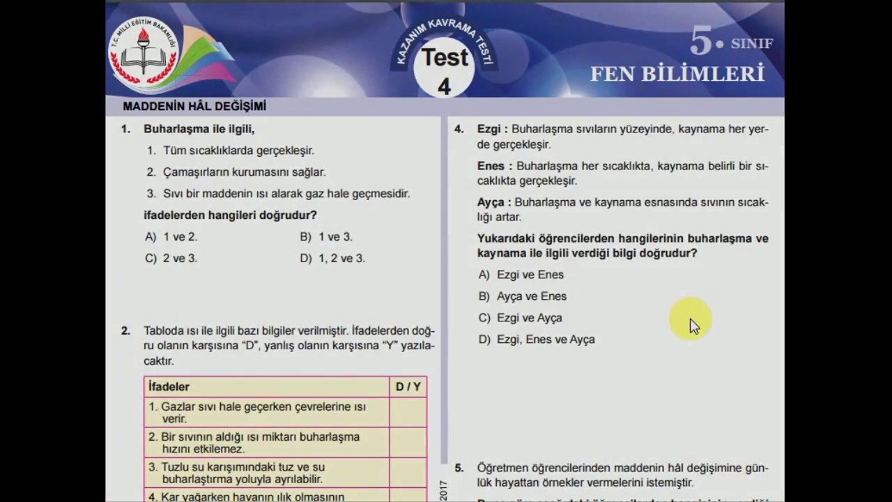 5 sinif fen bilimleri kazanim test 4 maddenin hal degisimi youtube