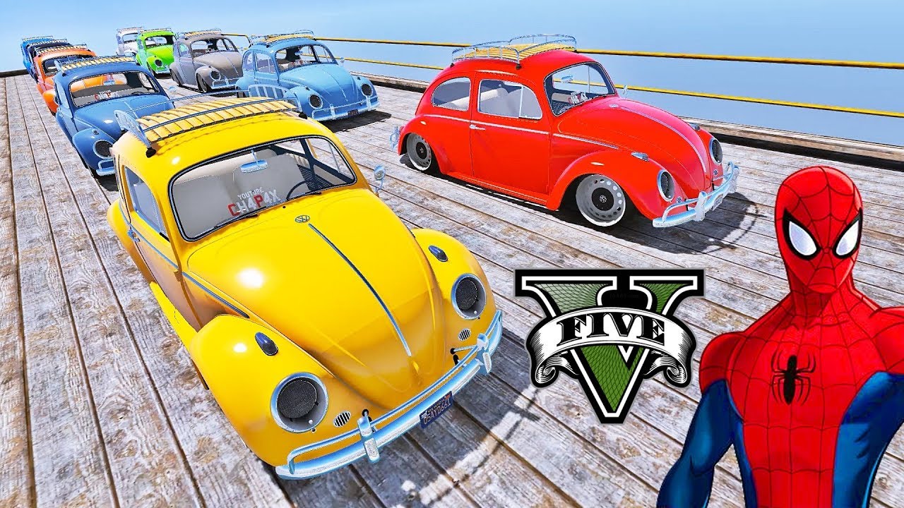 CARROS Fusca com Homem Aranha e Heróis! Carros Clássicos na Mega Rampa - GTA V Mods - IR GAMES