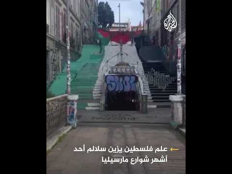 نشطاء يرسمون العلم الفلسطيني على أحد السلالم في أشهر شوارع مارسيليا