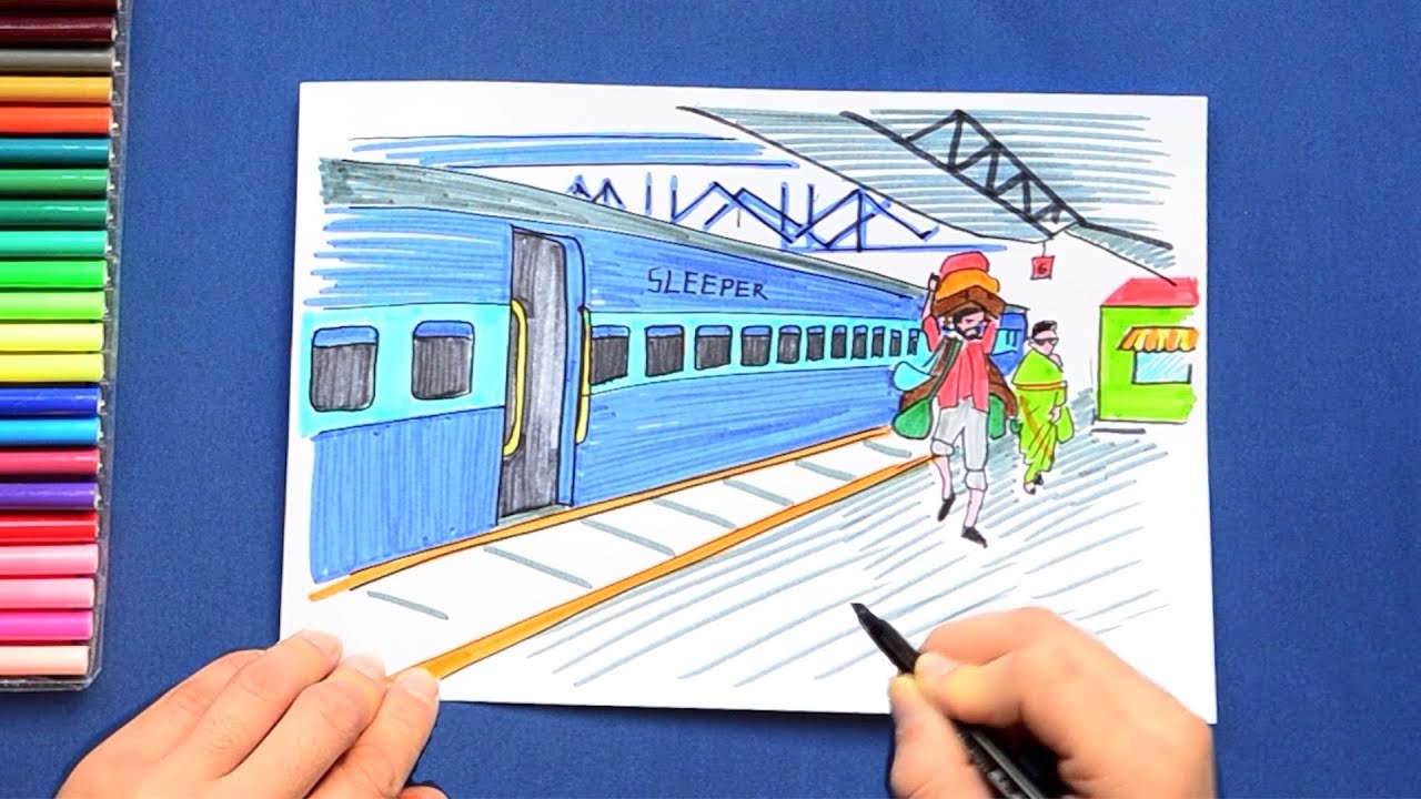 How to draw a train at Indian Railway Station YouTube