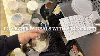 : POV- Barista deals with a big order! Queue of 6 people waiting by the end 