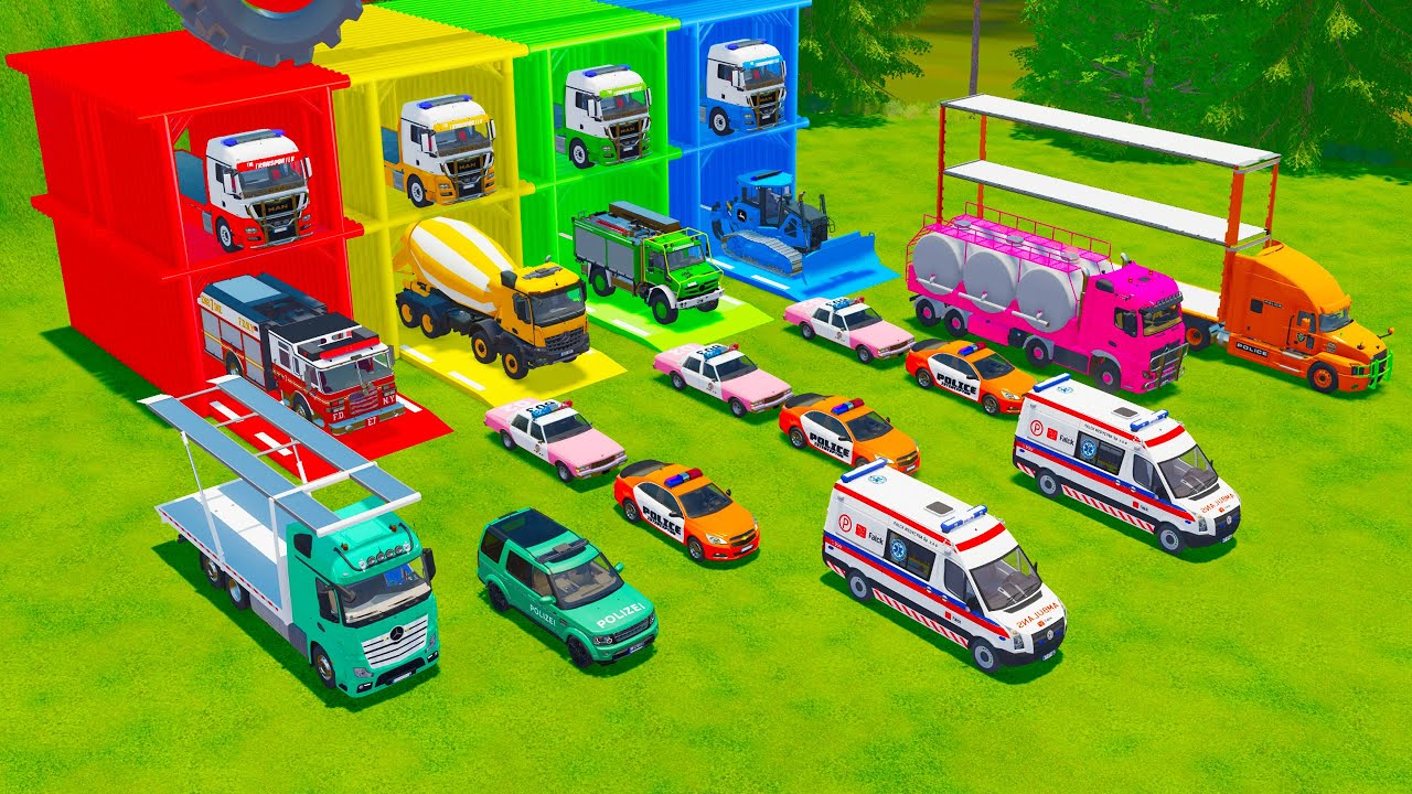 ALL EMERGENCY AND RESCUE VEHICLES, POLICE CARS, BETON MIXER TRUCK TRANSPORT TO GARAGE - FS22