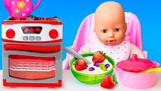 Pretend to play cooking food for baby born doll: Feeding Baby Annabell with toy food for dolls.