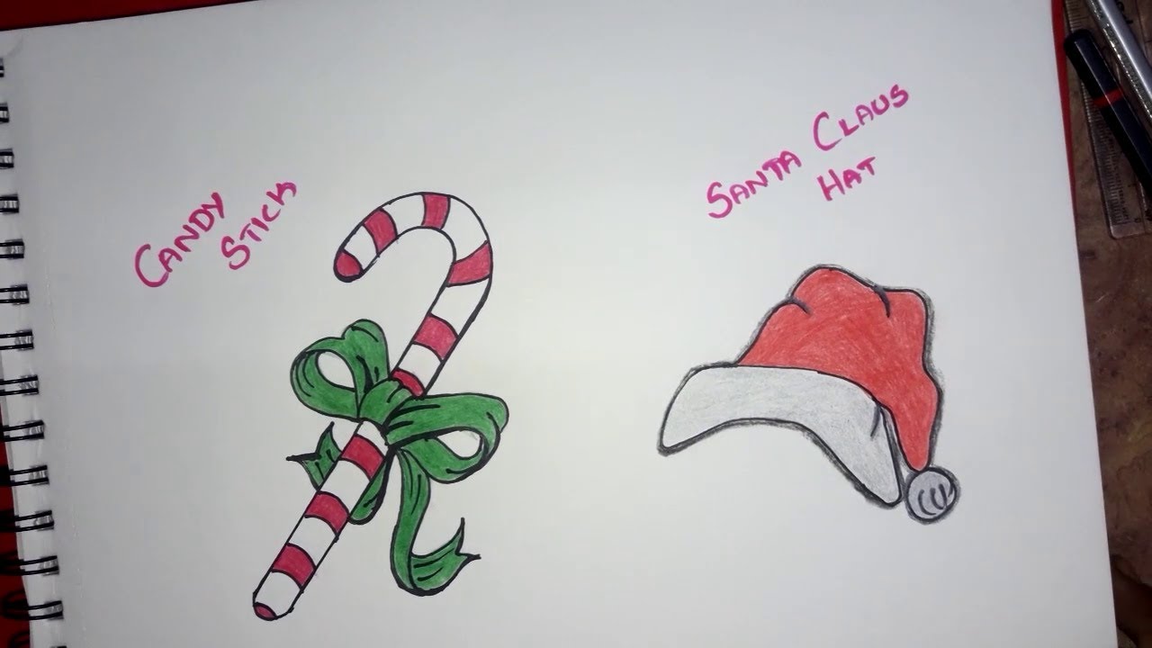 How To Draw Christmas Candy Stick And Santa Claus Hat Drawing For Kids