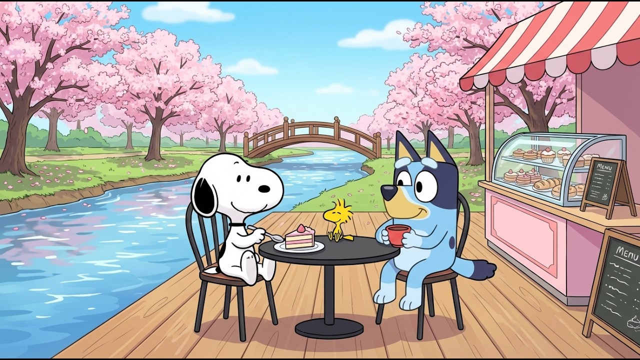 Snoopy & Bluey Riverside Spring Café 🌸 Soft Jazz Lofi Classroom for Study & Relax ☕ Peaceful Spring