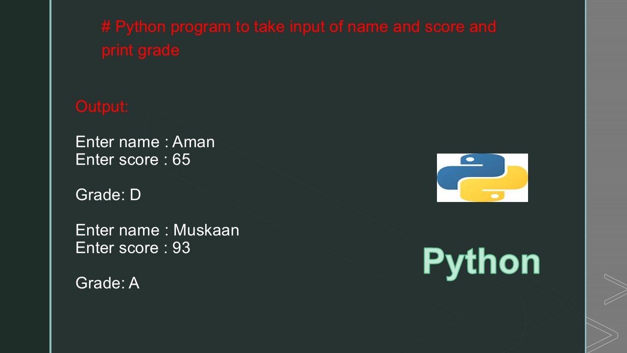 #python program to take user input of name and score and print grade ...
