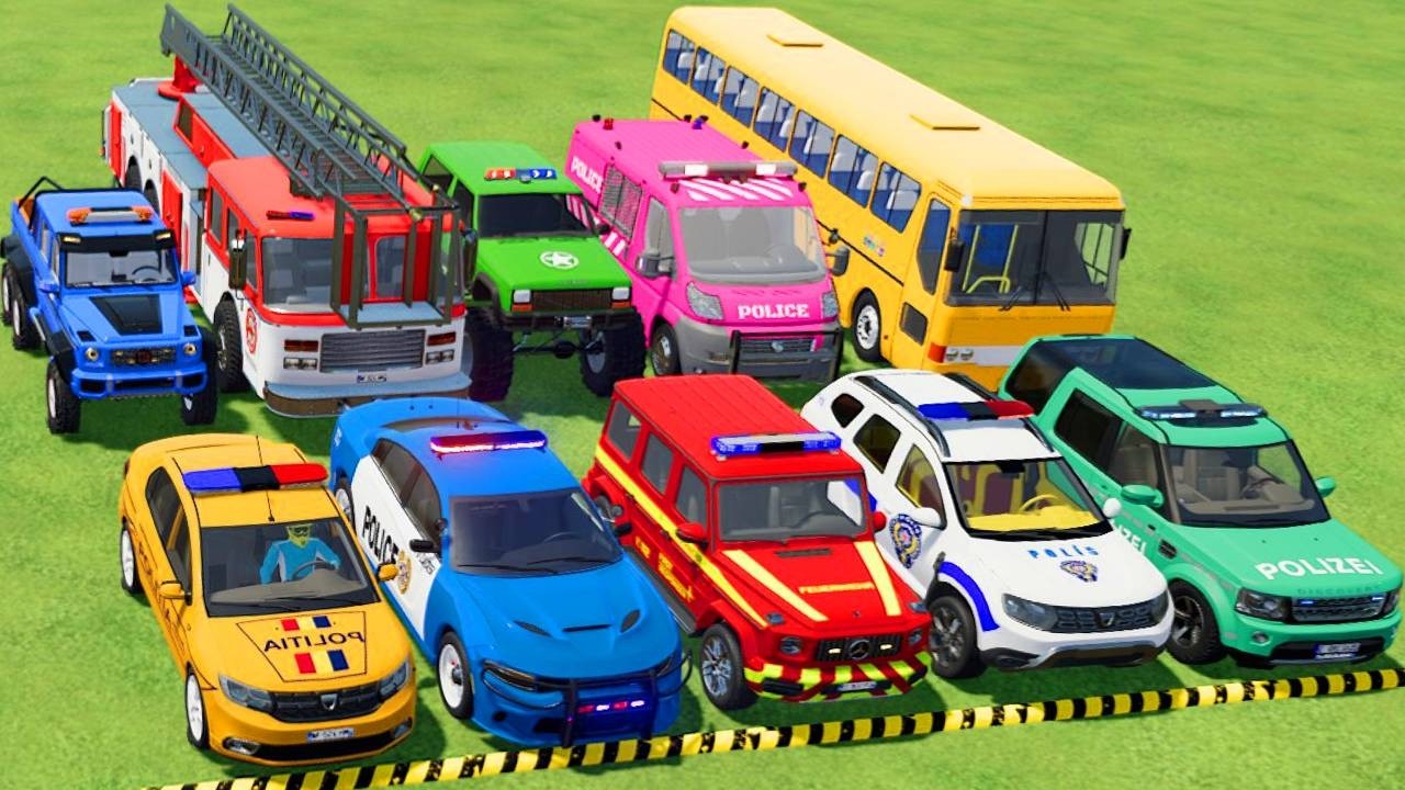 TRANSPORTING POLICE CARS, AMBULANCE, FIRE TRUCK, COLORFUL CARS WITH TRAIN -FARMING SIMULATOR 22!