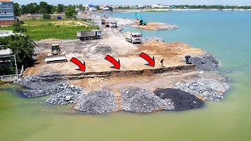 Wow!! The Big Landslide Problems 18Ton Dump Trucks Fixing by Add More Blue Stones In Deep Water