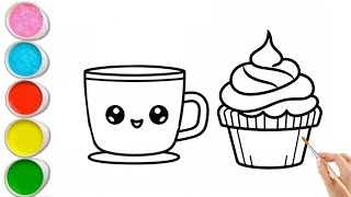 Fun Drawing and Painting Tutorial: How to Draw a Cup of Coffee and Cupcake for Kids