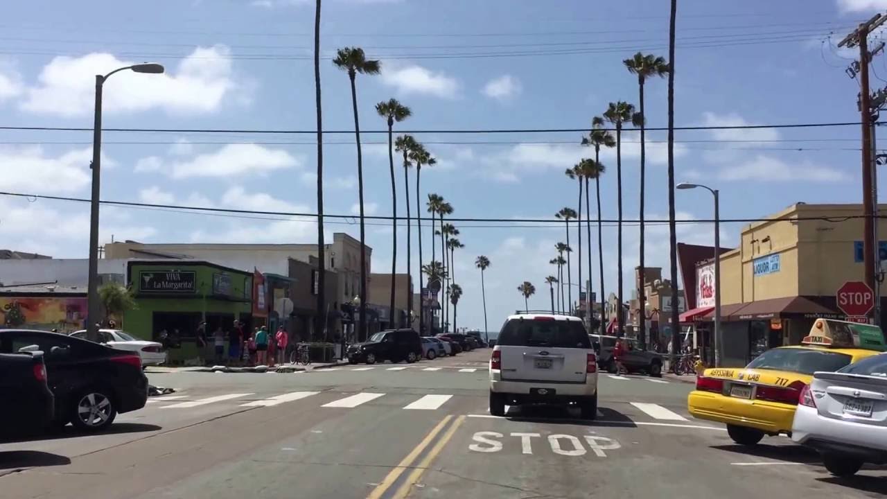 Driving down Newport Ave in Ocean Beach San Diego to the OB Hotel and ...