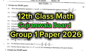 12th Class Math Gujranwala Board Group 1 Paper 2026  2nd Year Math Group 1 Paper 2026