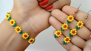 Easy Sunflower Beaded Bracelet/How To Make Bracelet/Easy Beaded Bracelet & Earring/Beading Tuorial