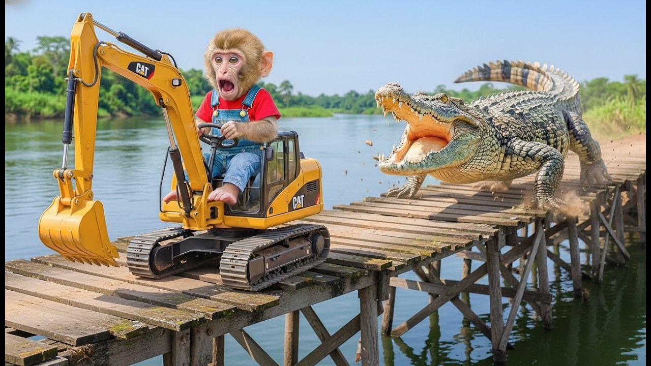 Funny Monkey Driving an Excavator from a Crocodile