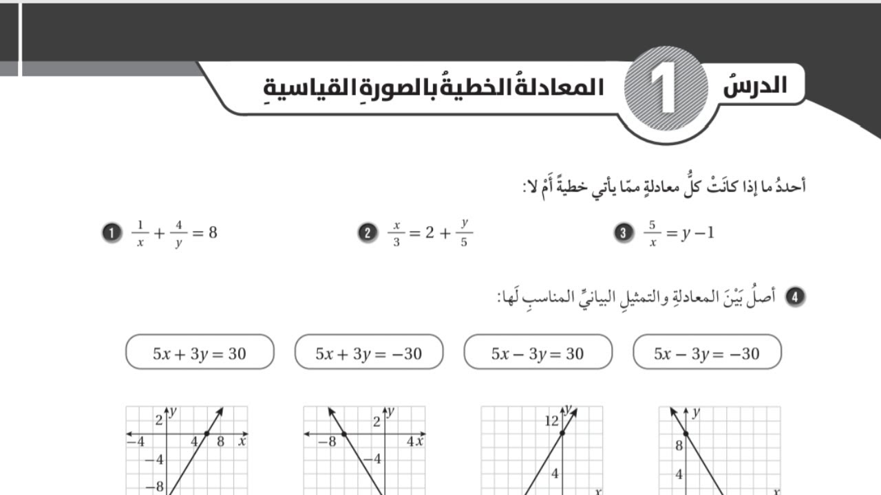(48)حل اسئلة الدرس الاول: المعادلة الخطية بالصورة القياسية (كتاب التمارين) #الصف الثامن#الفصل الاول