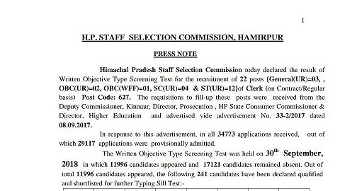 HPSSC Clerk Written Objective Test Result Out | Post Code - 627 | Held on - 30 Sept 2018 |