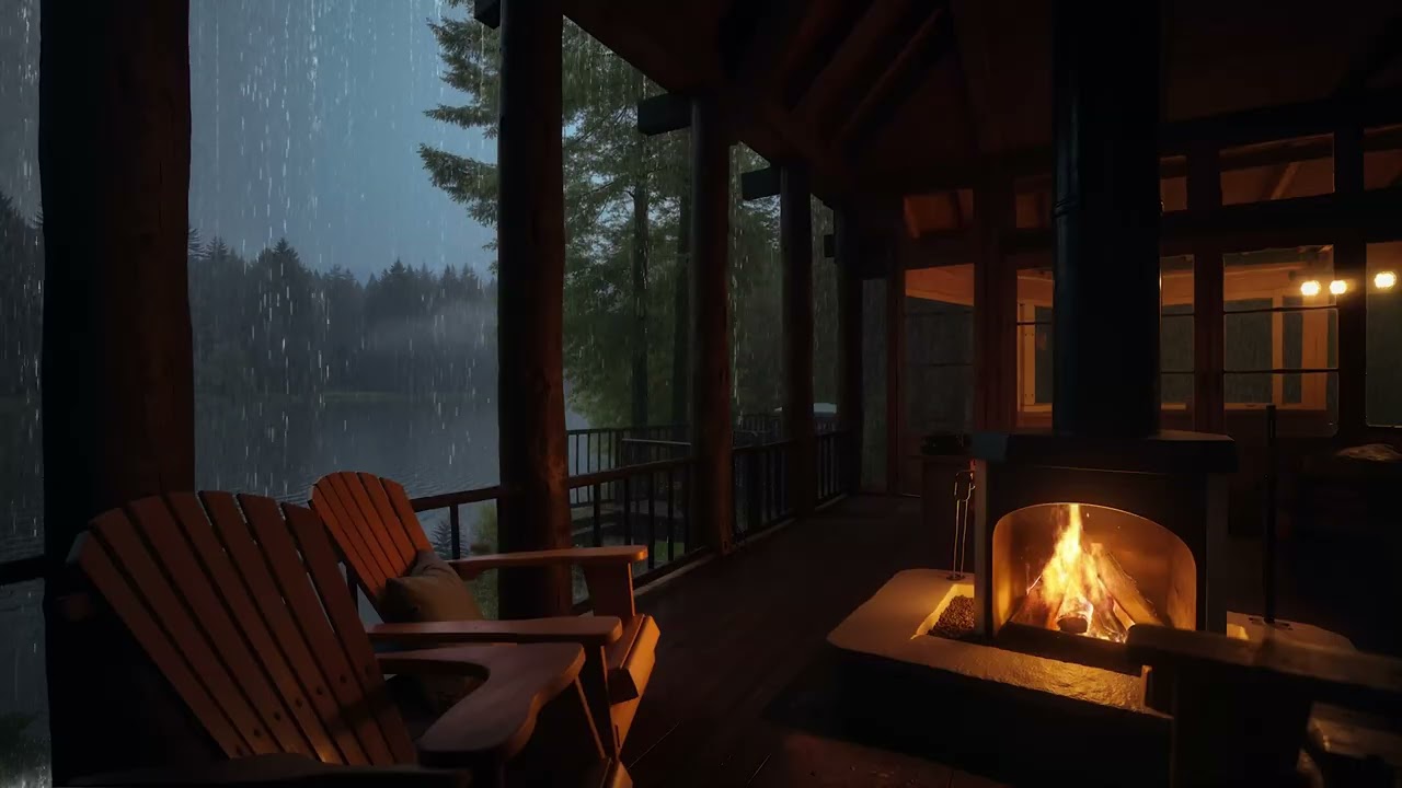 Night in Cabin Porch with Rain by The Lake and Fireplace help to Fall Asleep and Relaxing