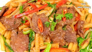 Bí quyết pha sốt làm NUI XÀO BÒ cực ngon. Nui không bị dính, Bò mềm tan!