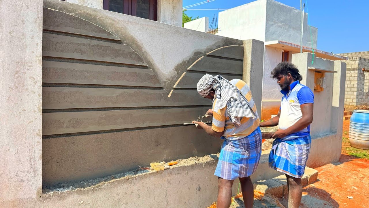 Техника штукатурки фасада: креативный дизайн бордюра ворот, точная штукатурка цементом.