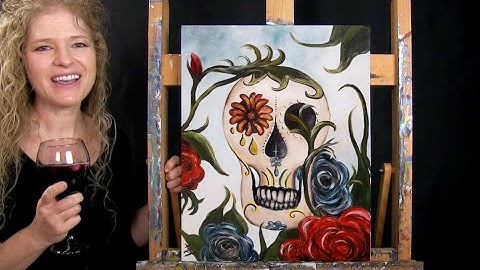 Learn to Paint SUGAR SKULL AND ROSES with Acrylics - Paint and Sip at Home - Step by Step Tutorial