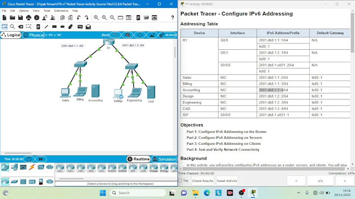 12.6.6 packet tracer - Configure IPv6 Addressing