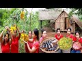 Survival in the rainforest-three woman found fishs with sesbania flower & cooking-Eating delicious
