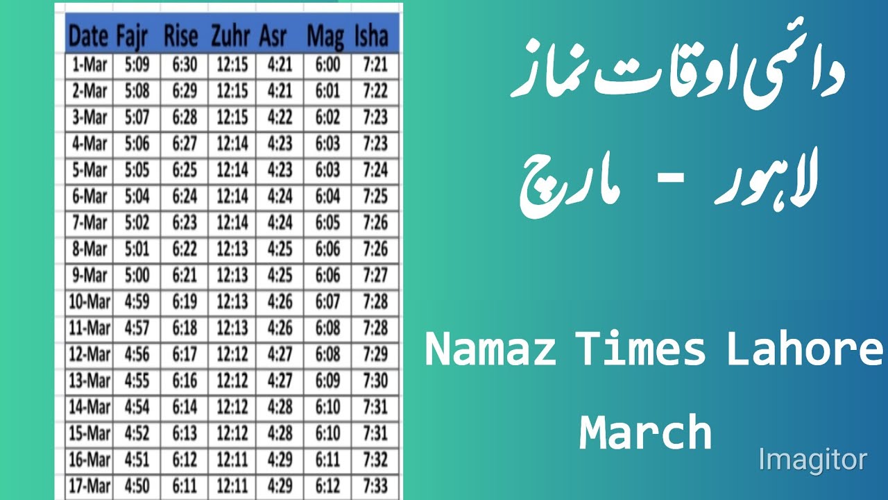 Namaz Calendar Lahore March Namaz Times Lahore Prayer times