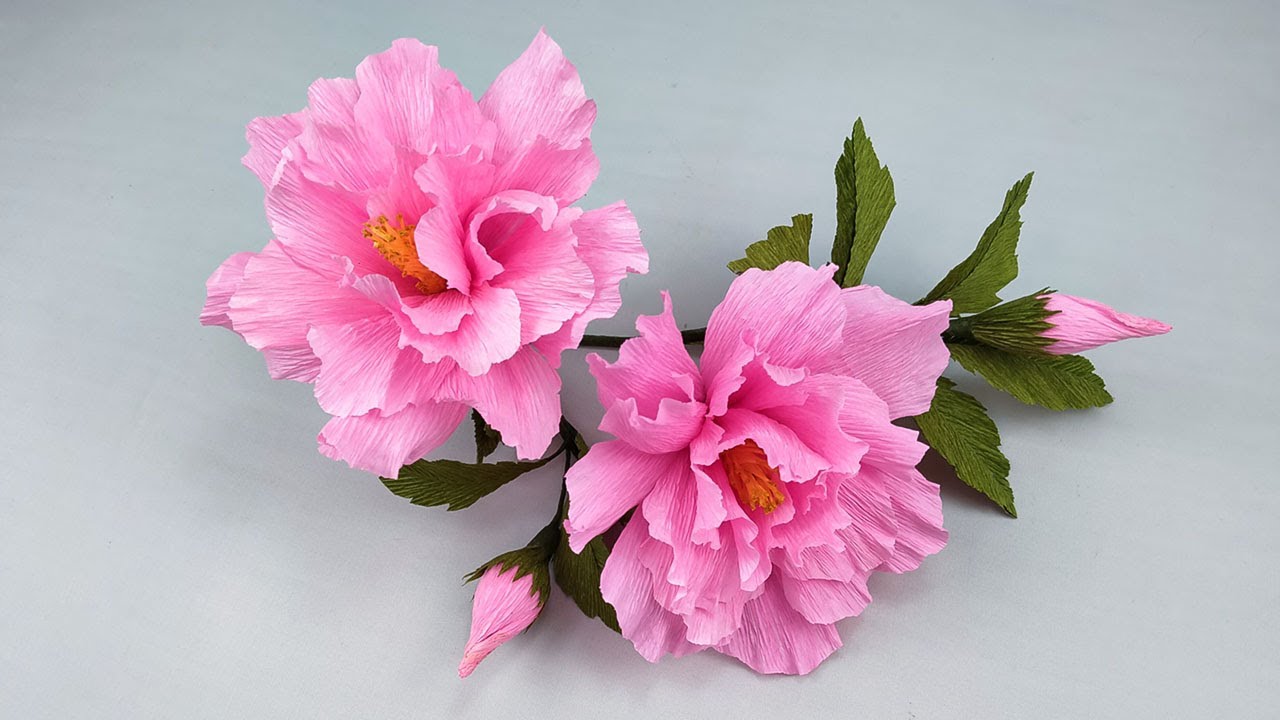 Double Peach Hibiscus Flower Made From Crepe Paper