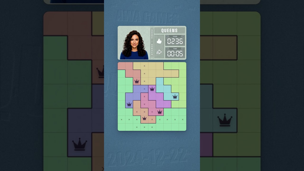 LinkedIn Queens #236 solved board for December 22, 2024, 9x9 grid