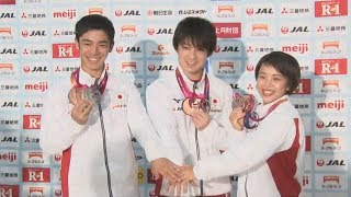 内村選手「演技できて幸せ」 世界体操代表が帰国記者会見