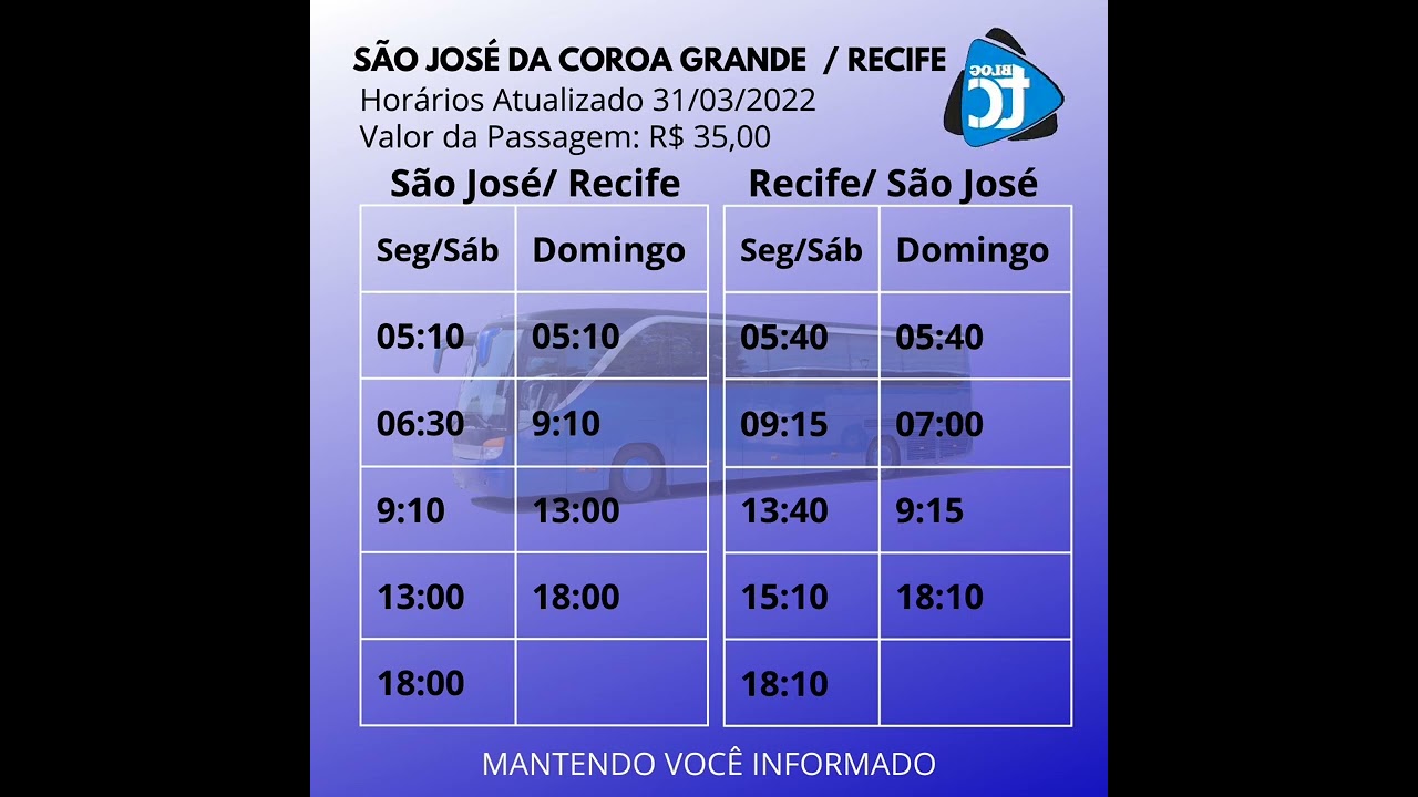 Horários de Ónibus: São José a Recife / Recife a São José