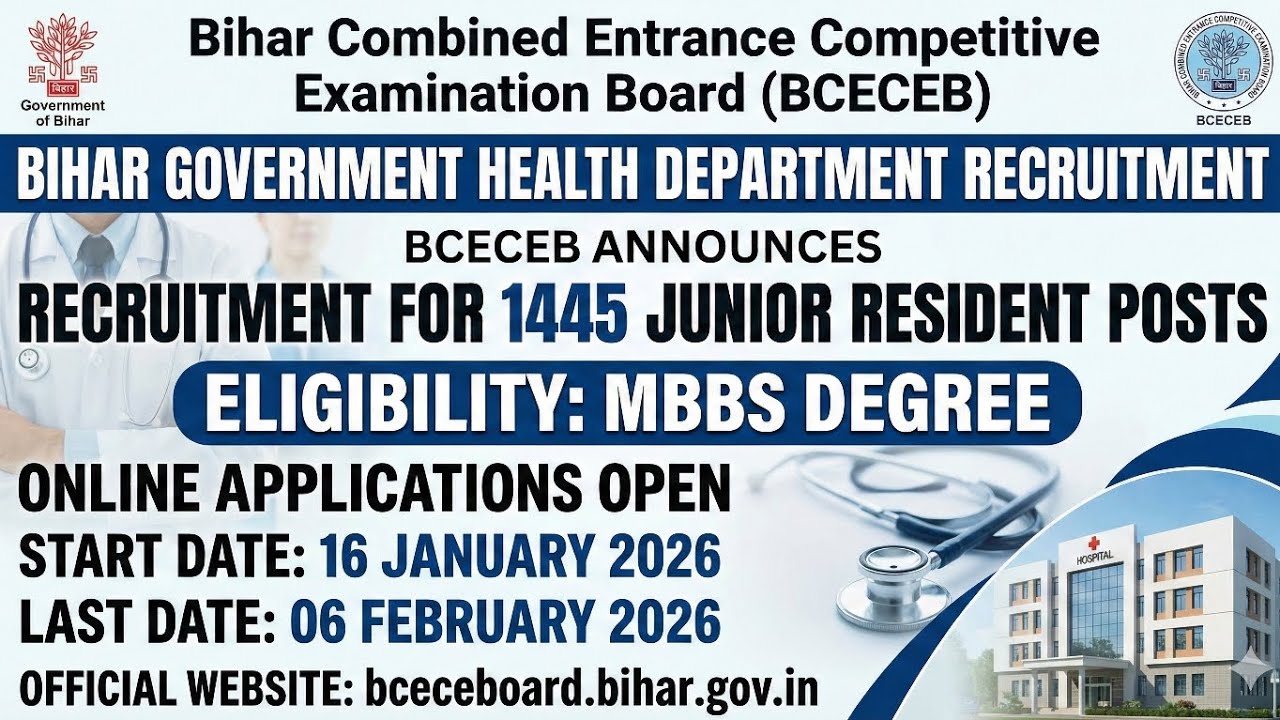 Bihar BCECE Junior Resident Recruitment 2026: Apply for 1445 posts, direct link here  