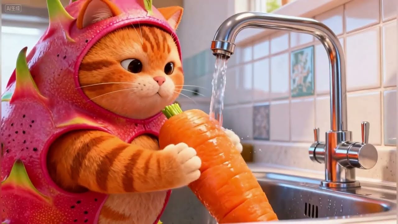 The  orange cat pulls up radishes to cook delicious food, and even invites the tiger to have hot pot