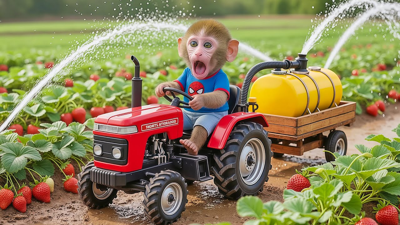 Monkey NiNi Drives a Tractor Carrying Strawberries and Waters The Garden.