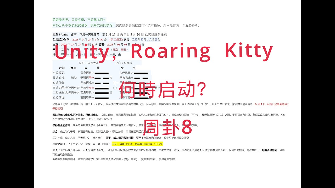 周卦8 Unity-六爻占美股，六爻占Unity走势，5月27日 丙申日5月30日 己亥日股票