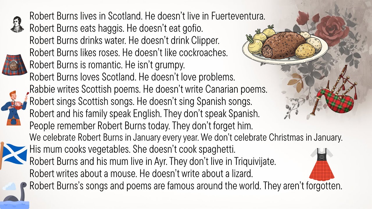 Robert Burns, Easy ESL lesson/ song in the present simple Trinity 2 and 2b. Trinity Gese 2.